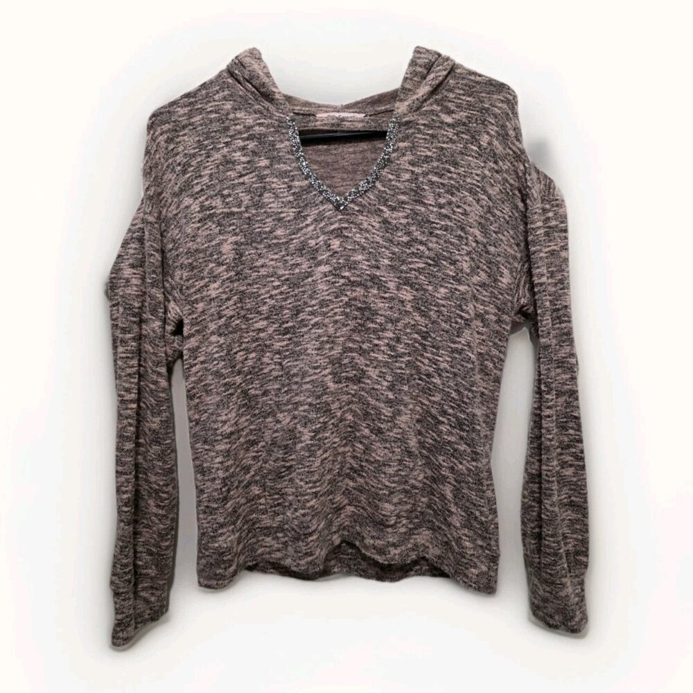 Juicy Couture Pink Grey Cutout Hooded Sweater Size Small Rhinestone V Neck